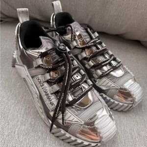 Dolce & Gabbana Silver Metallic Logo Lace-Up Sneakers